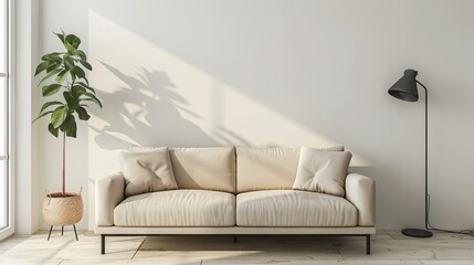 A beige couch sits in front of a blank white wall in a simple living room. A lamp is nearby.