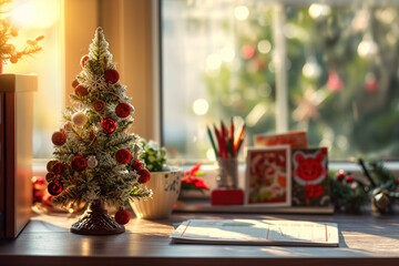 Sunlit office desk with Christmas decorations