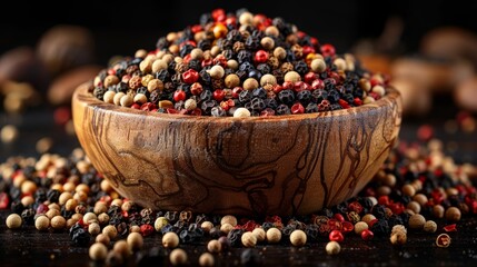 Mixed peppercorns in a wooden bowl on a dark background. Culinary and spice concept