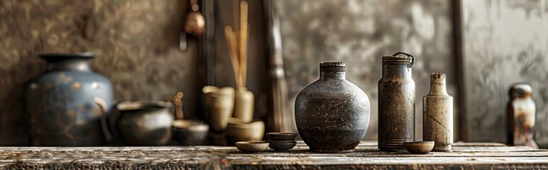 Rustic Pottery on Wooden Table