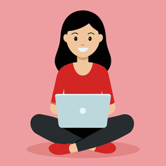 smiling woman Jane sitting with crossed legs, holding laptop. Freelance, studying, online education, work at home silhouette vector art illustration