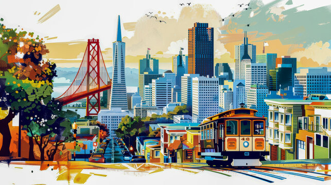 a colorful illustration of downtown city with buildings and trees, Bright and cheerful cityscape with colorful buildings and shops