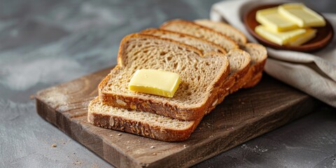 Slices of bread with butter on cutting board