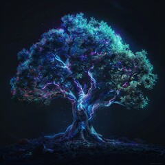 Glowing Magical Tree of Life. Neon blue and purple fantasy concept art, perfect for book covers, posters, and album art.