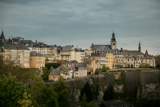 Panoramic view of the old historical part of Luxembourg. City in the valley between two rivers - Alzette and Petrus. Aerial view of the capital of Grand Duchy of Luxembourg