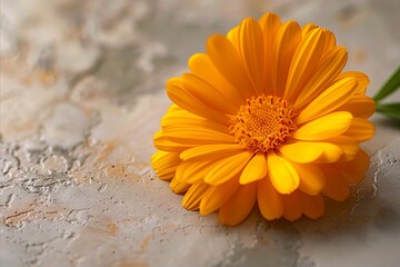 A yellow flower is sitting on a concrete surface.