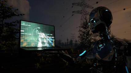 realistic 3d render animation video of ai humanoid skeleton holding laptop with programming code on display - Powered by Adobe