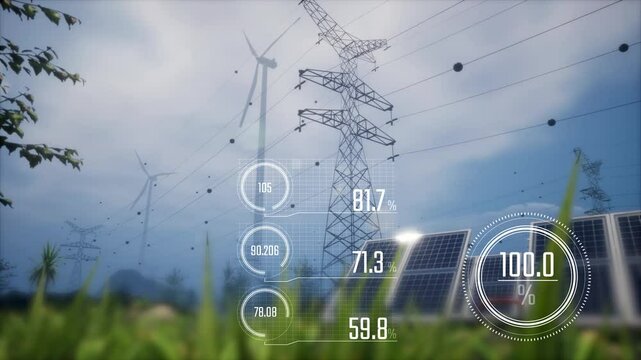 alternative sources of energy in beautiful nature and a sunny day. Electricity consumption is getting higher and higher as indicated by data analysis graphic overlay