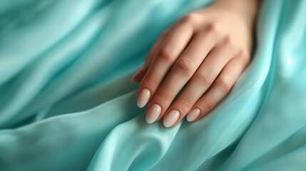 Fototapeta premium Beautiful female hands with manicure on the background of fabri .Female hands with nail design