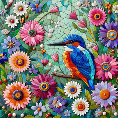 Obraz premium Mosaic Kingfisher in Floral Paradise