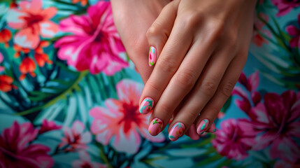 Fototapeta premium Beautiful female hands with colourful manicure . Female hands with nail design