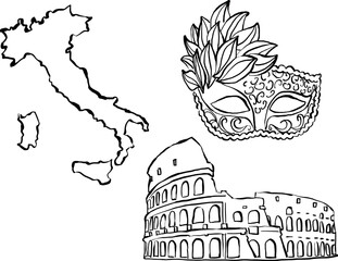Ilustraciones de Italia dibujadas a mano. Iconos en vector para invitaciones, papelería, diseño. Clipart de mapa de Italia, coliseo romano, mascara  © Alarcon Studio