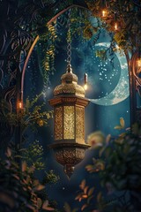 Obraz premium Lantern hanging from tree under full moon
