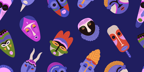 Vector seamless pattern with ethnic masks of an African tribe with bright multicolored patterns