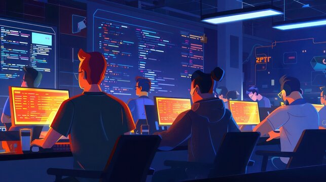 team of developers participating in a hackathon, coding intensely in a dynamic workspace