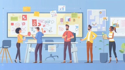 Entrepreneurs collaborating on a new marketing campaign, using digital tools and whiteboards in a creative workspace