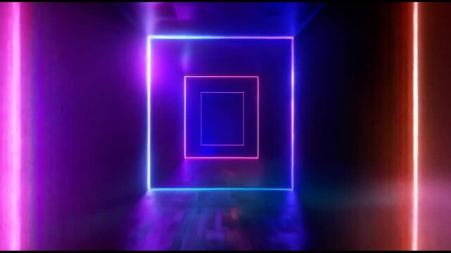 Looped 3D animation of a neon tunnel with rotating square frames