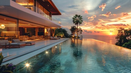 Fototapeta premium Luxury villa with pool at sunset. Generative AI.