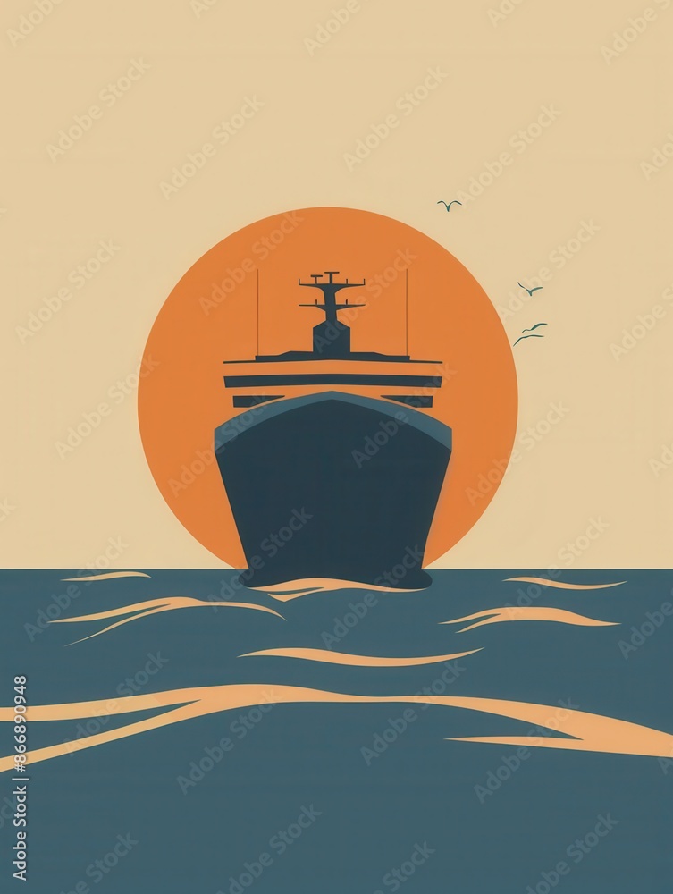 Aufkleber A minimalistic and elegant image featuring the silhouette of a sailboat on a calm ocean with a setting sun in the background. Generative AI