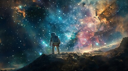 Obraz premium In vast space, a lone astronaut marvels at countless stars and galaxies, contemplating the universe's mysteries amid silent beauty, balancing wonder with isolation.