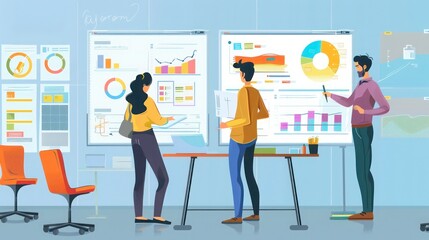 Entrepreneurs collaborating on a new marketing campaign, using digital tools and whiteboards in a creative workspace