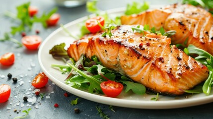 Baked or fried salmon and salad, Paleo, keto, fodmap, dash diet. Mediterranean food with steamed fish. Oven asian dish with teriyaki. Healthy concept, gluten free, lectine free, side view