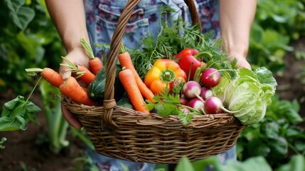 Fototapeta premium Basket with vegetables (cabbage, carrots, cucumbers, radish and peppers) in the hands of a farmer background of nature Concept of biological, bio products, bio ecology, grown by yourself, vegetarians