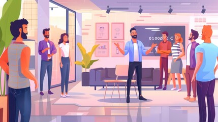 business founder giving a tour of their startup's office space to a group of potential investors