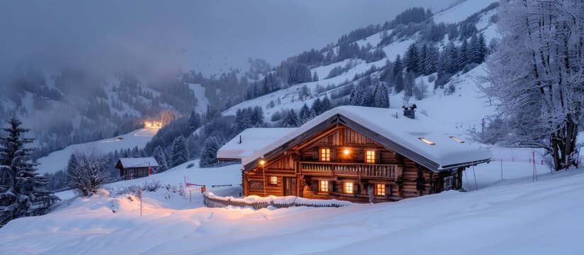 Snow-covered wooden cabin near ski resort in winter with lights on