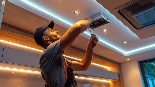 A man installing ceiling lights in modern kitchen. Generative AI.