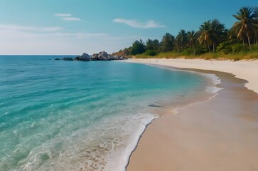 Empty, serene beach with beautiful pristine sand and clear water.