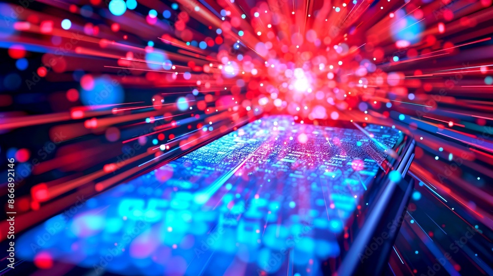 Wall mural futuristic mobile device with vibrant red and blue digital light trails. conceptual image of technol
