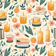 Cozy Comfort Elements Seamless Pattern with Candles, Tea Cups, Books, and Plants for Inviting Ambiance