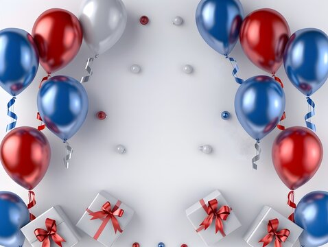 Blue, Red, and Silver Balloons, Gift Boxes with Bows, and Small Decorative Elements  White Background