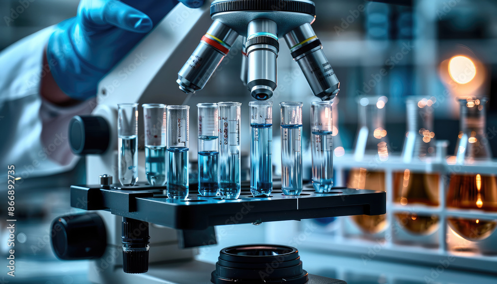 Poster a laboratory long glass pipette over a row of test tubes, with a microscope above it. the focus is o