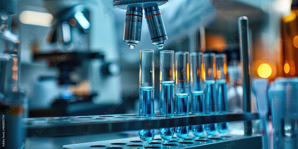 Poster a laboratory long glass pipette over a row of test tubes, with a microscope above it. the focus is o