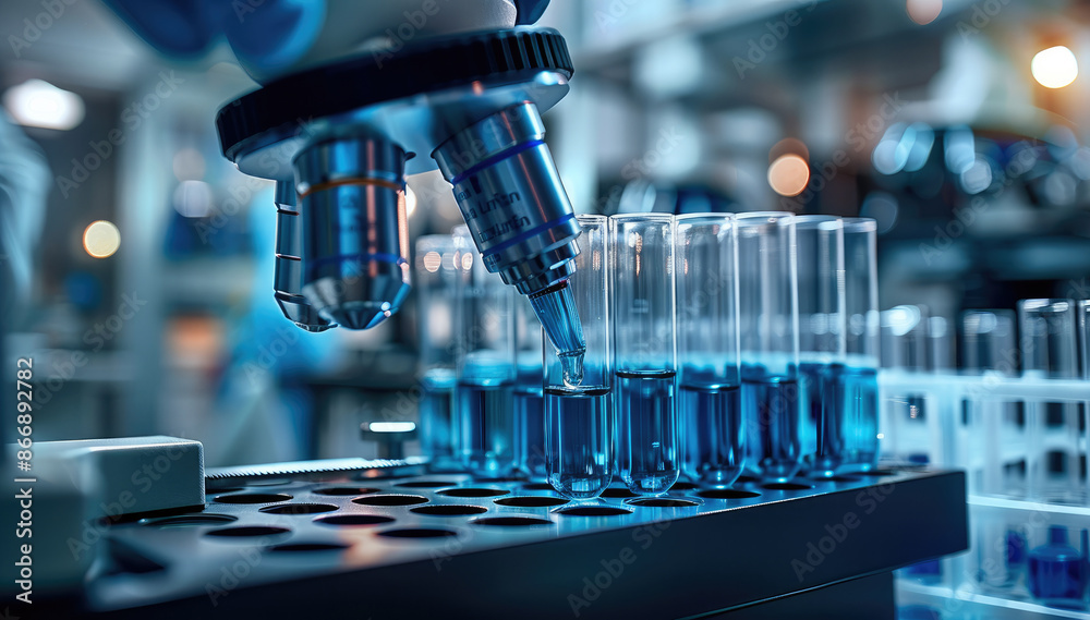 Poster a laboratory long glass pipette over a row of test tubes, with a microscope above it. the focus is o