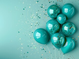 Stylish turquoise green background with balloons and gold confetti, modern festive theme