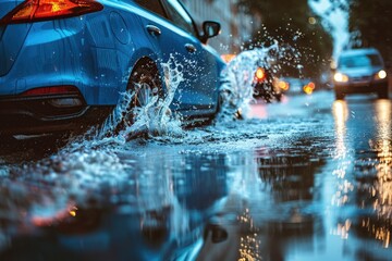 Blue Car Splashing Water on Street