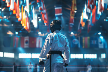 Taekwondo Athlete in Traditional Uniform Standing Confidently in Olympic Arena with Flags Above