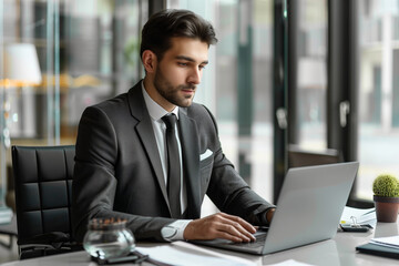 Fototapeta premium businessman in a well-fitted suit, sitting at a modern office desk, typing on a laptop. The setting includes a clean, organized desk with minimalistic office supplies and a large w