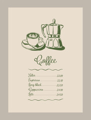 Minimal hand drawn vector coffee illustration with aesthetic quote in a poster frame. Art for greeting cards, wedding invitations, postcards, branding, logo design. Matisse style illustrations.	