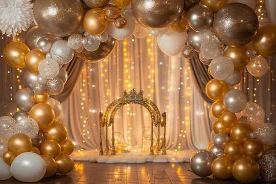 stunning glittery balloon arch in shades of gold, silver, and white, forming the perfect backdrop for a birthday party. At the center of the arch, a large golden crown adds a regal
