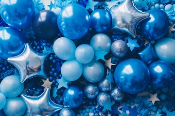 Fototapeta premium dazzling blue glittery balloon backdrop specifically designed for a boy's birthday party. The backdrop is filled with an array of blue balloons in various hues and sizes, creating
