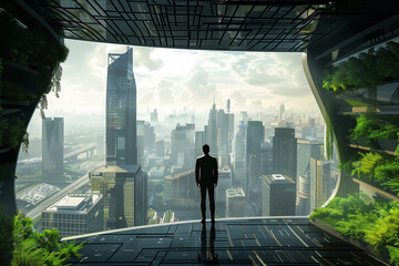 Fototapeta premium professional photo of a businessman contemplating the future from a high-rise rooftop with an ultra-modern city view. The scene features a city filled with high-tech buildings, gre
