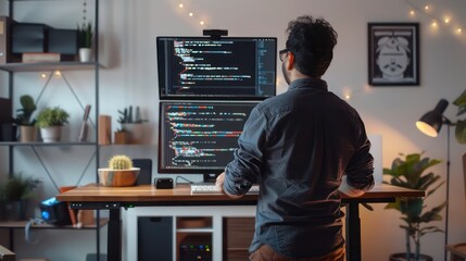 startup founder coding at a standing desk in a modern, minimalistic home office