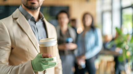 business professional holding a reusable coffee cup while presenting eco-friendly marketing strategies to a team