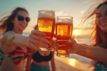 close up of group young friends toasting with beer on beach during sunset, wearing casual and having fun together in summer party, female people holding pints glass of lager Generative AI
