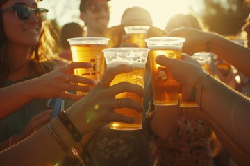 A group of friends toasting with beer at an outdoor music festival, enjoying the sunset and having fun together They're wearing casual like t-shirts or dresses, holding plastic cups Generative AI