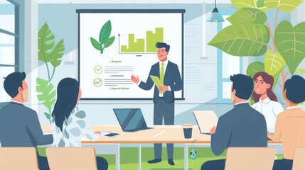 business professional presenting a green marketing strategy to colleagues in a bright, eco-friendly office